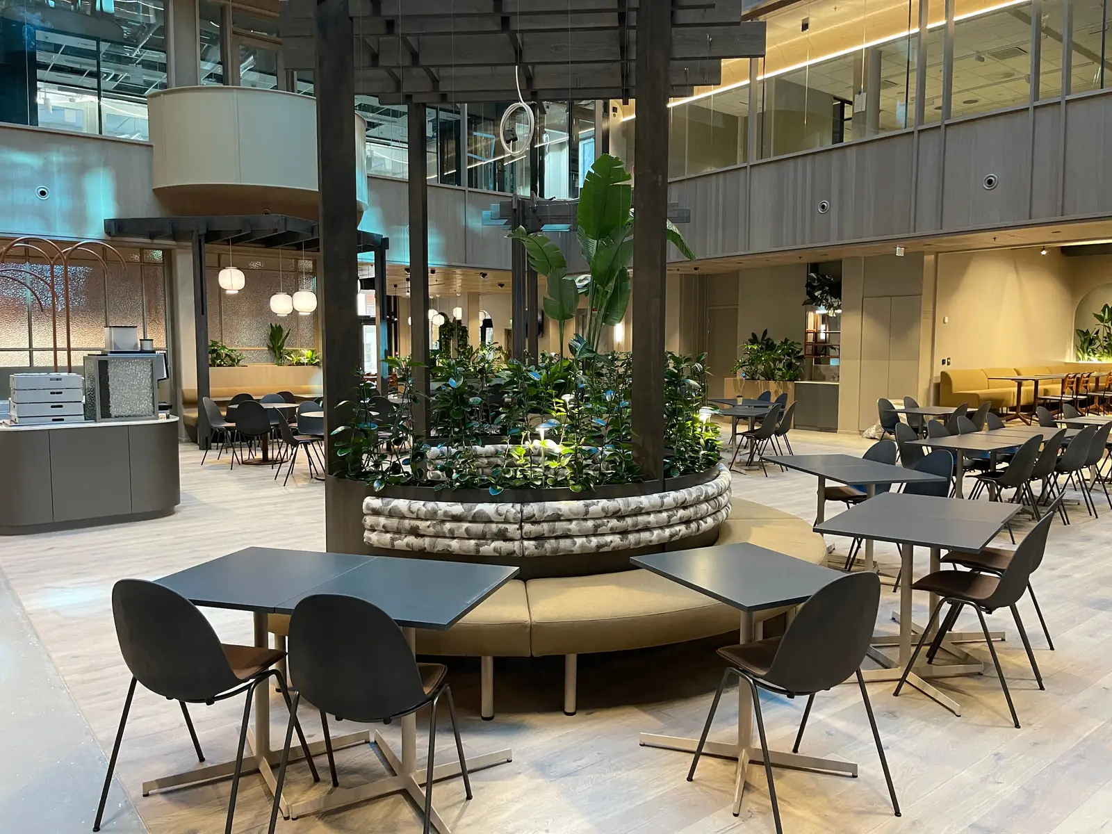 Stor kantine med bord, stoler og benker rundt en plantekasse